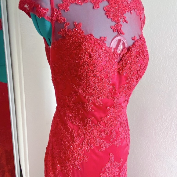 CLARISSE MAROON LACE SEQUIN SWEETHEART NECKLINE OPEN BACK MERMAID PROM DRESS 8 - Picture 3 of 5